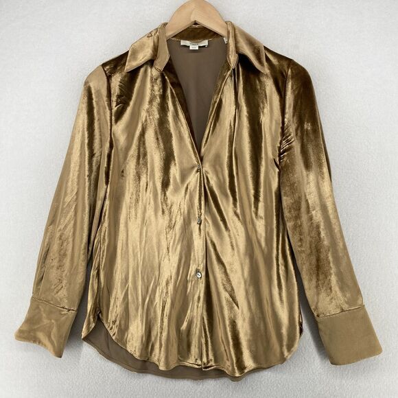 VINCE Top Womens XS Shiny Silk Velvet Shirt Button Front Long Sleeve Gold - Picture 2 of 13